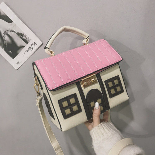 新款撞色創意搞怪小房子斜後背包卡通可愛小屋子手提包個性女包
