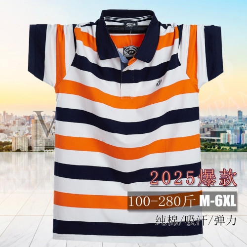 2025夏季新男士短袖T恤 翻領條紋棉寬松加肥加大碼男裝POLO衫5122
