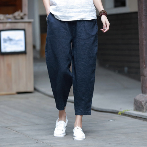棉麻女裝25春夏新款文藝棉麻薄款哈倫褲亞麻百搭顯瘦七分褲蘿蔔褲