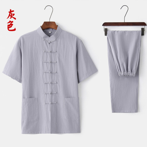 新款夏季薄款棉麻唐裝男短袖套裝中老年男士太極服禪服茶服居士服