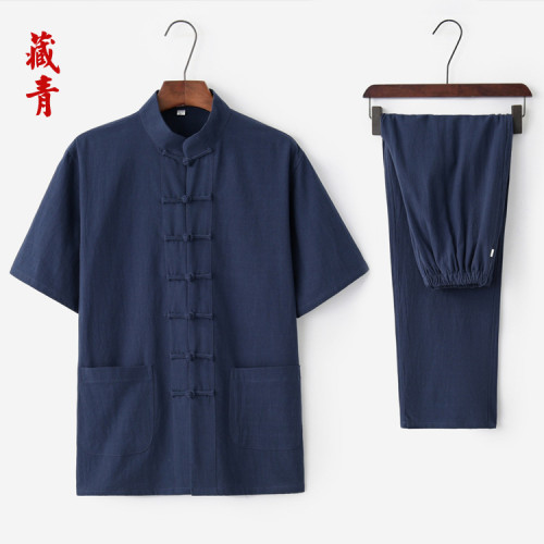 新款夏季薄款棉麻唐裝男短袖套裝中老年男士太極服禪服茶服居士服