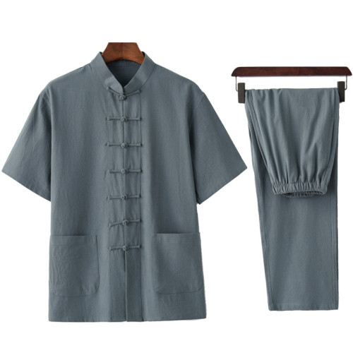 新款夏季薄款棉麻唐裝男短袖套裝中老年男士太極服禪服茶服居士服