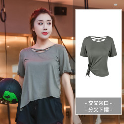 特大碼瑜伽服T恤女健身房交叉速乾衣胖MM寬松上衣夏季跑步