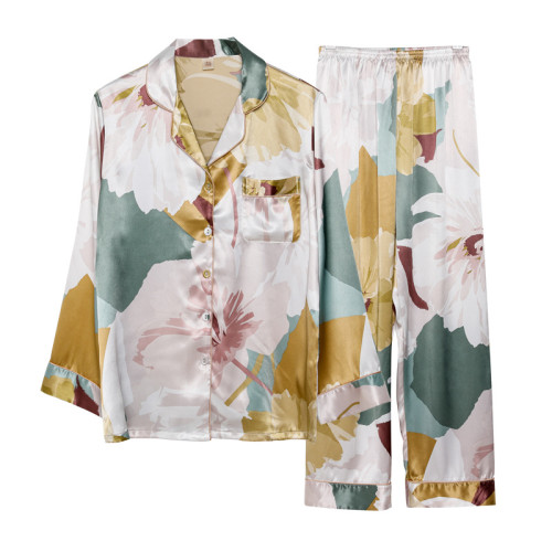 女夏絲綢睡衣長袖印花冰絲套裝春季絲質開衫休閒薄款家居服