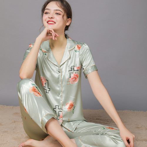 女夏絲綢睡衣短袖印花冰絲套裝春季絲質開衫休閒薄款家居服