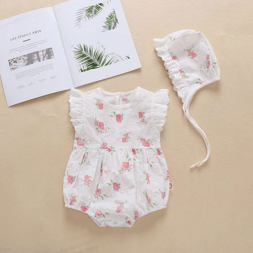 INS夏季新品女童寶寶碎花飛袖哈衣嬰兒棉連體爬服嬰兒童 外出服