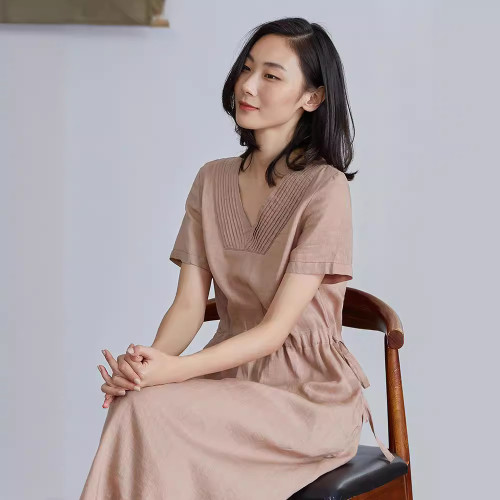 2020夏新款原創棉麻女裝 薄苧麻文藝長款系帶連衣裙 高品質長裙