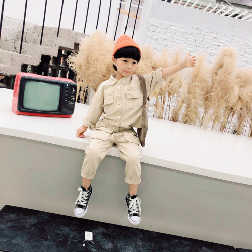 2025春秋裝新款韓版兒童chun棉寶寶工裝長袖套裝男童翻領口袋套裝