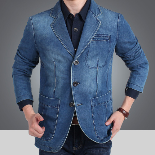 男裝牛仔西服男棉牛仔小西裝修大碼休閒西服外2182