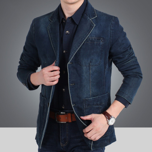 男裝牛仔西服男棉牛仔小西裝修大碼休閒西服外2182