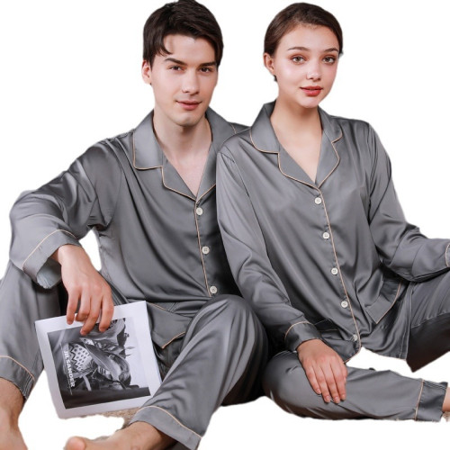 2024情侶睡衣春秋長袖男仿真絲套裝翻領絲綢女薄款夏季冰絲家居服