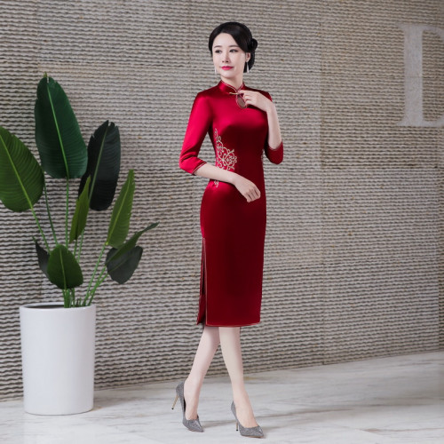 2022新款醋酸喜慶媽媽旗袍連衣裙復古改良長款刺綉結婚敬酒服禮服