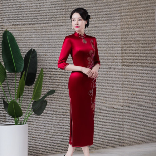 2022春季新款重磅醋酸旗袍連衣裙復古改良時尚結婚敬酒長款七分袖