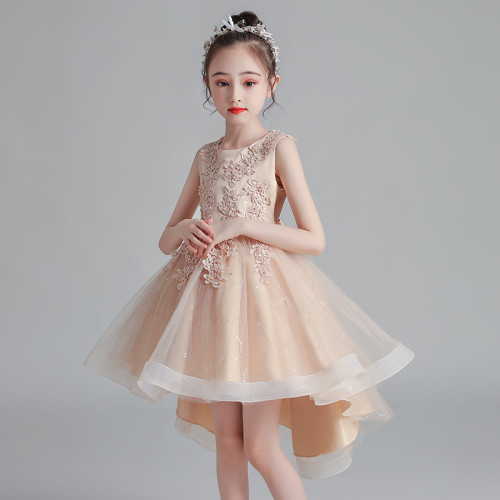2021夏款女童禮服裙蕾絲花童裝拖尾服公主婚禮童裙蓬蓬網紗連衣裙