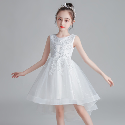 2021夏款女童禮服裙蕾絲花童裝拖尾服公主婚禮童裙蓬蓬網紗連衣裙