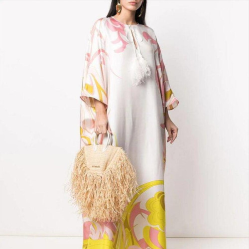 2024夏季新款女裝長袍寬松休閒時尚印花V領長裙子度假風連衣裙