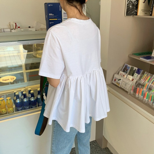 T恤娃娃衫女韓版夏2023棉圓領短袖a字型拼接寬松蓬蓬上衣白色