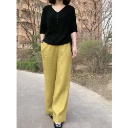 髮9198大愛美依緣2025春夏新款黑色打底衫黃色濶腿褲時尚顯瘦女潮