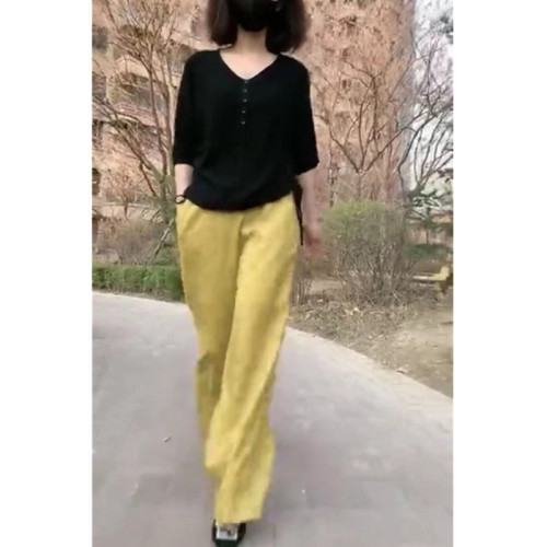 髮9198大愛美依緣2025春夏新款黑色打底衫黃色濶腿褲時尚顯瘦女潮