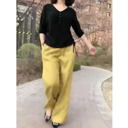 髮9198大愛美依緣2025春夏新款黑色打底衫黃色濶腿褲時尚顯瘦女潮