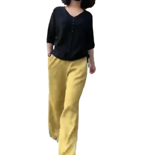髮9198大愛美依緣2025春夏新款黑色打底衫黃色濶腿褲時尚顯瘦女潮