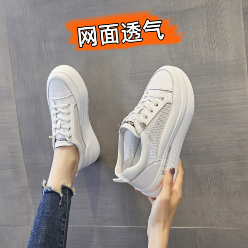 2024夏季新款透氣防滑坡跟內增高低幫真皮松緊網鞋百搭潮流女鞋子
