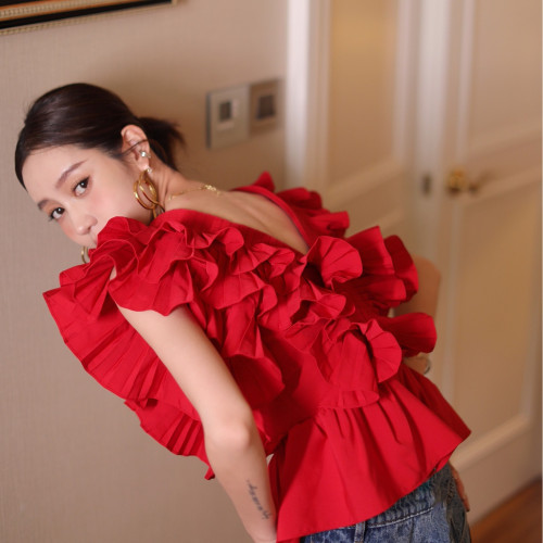 2024夏季新款收腰顯瘦V領法式襯衫女紅色壓褶荷葉邊無袖上衣