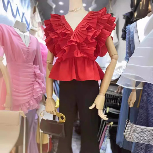 2024夏季新款收腰顯瘦V領法式襯衫女紅色壓褶荷葉邊無袖上衣