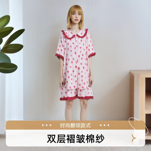 大碼雙層棉紗睡衣女開衫薄款胖mm200斤短袖短褲寬松家居服