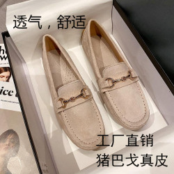 豆豆鞋女春秋2025年新款百搭休閒平底單鞋女一腳蹬樂福鞋真皮女鞋