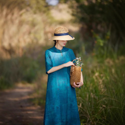 苧麻連衣裙女2025新款洋氣減齡五分袖立領盤釦改良旗袍裙中長裙女