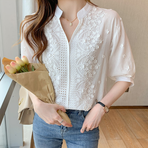 2023新款白色襯衣女設計感V領立體刺綉提花蕾絲泡泡袖打底衫