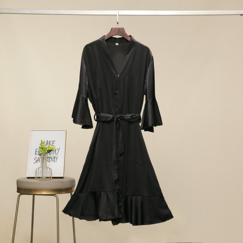 女士緞面色丁睡袍家居服睡袍新娘晨袍色丁彈力睡袍短袍荷葉邊