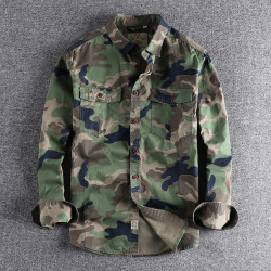 哢嘰水洗迷彩美式工裝長袖襯衫男雙口袋百搭休閒軍旅青年上衣