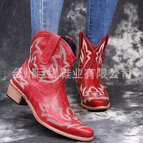 2021秋冬新款尖頭刺綉粗跟女式皮靴winter cottonboots