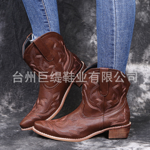 2021秋冬新款尖頭刺綉粗跟女式皮靴winter cottonboots