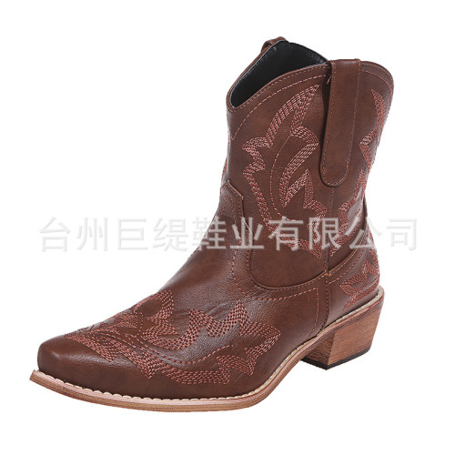 2021秋冬新款尖頭刺綉粗跟女式皮靴winter cottonboots