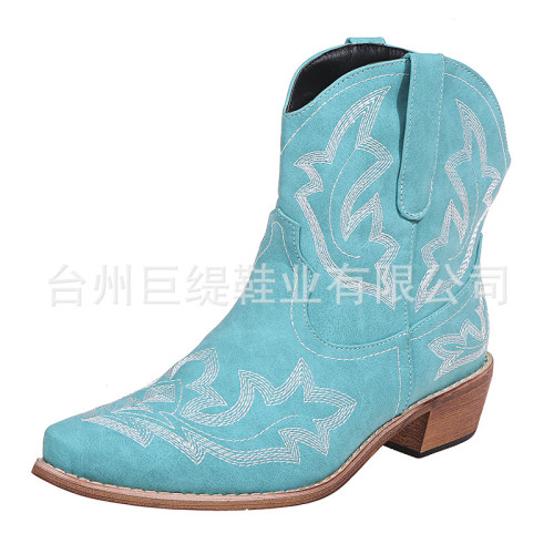 2021秋冬新款尖頭刺綉粗跟女式皮靴winter cottonboots