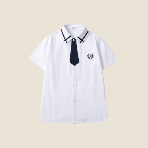 夏款兒童淺藍短袖襯衫中小學生校服男女童刺綉純白襯衣班服演出服