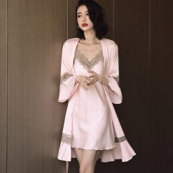 夏季絲家居服奢華情趣吊帶睡裙睡袍兩件套帶胸墊甜美冰絲睡衣