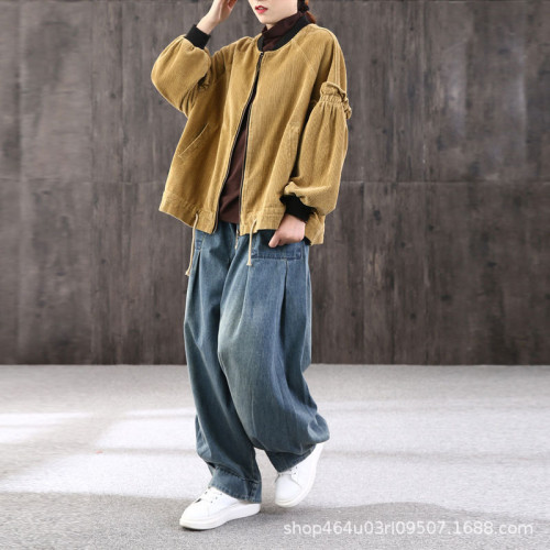 寬松大碼哈倫牛仔褲女2022春季新款胖mm蘿蔔褲百搭休閒燈籠褲潮款
