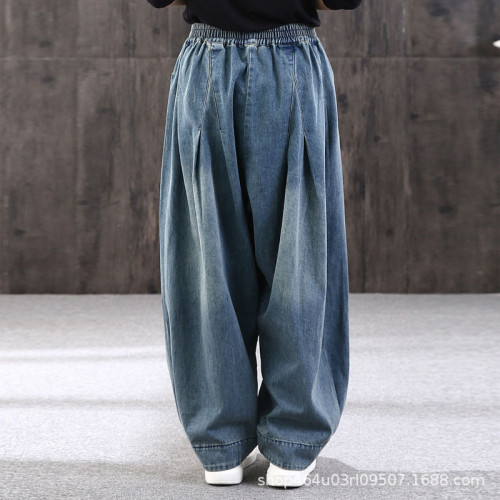 寬松大碼哈倫牛仔褲女2022春季新款胖mm蘿蔔褲百搭休閒燈籠褲潮款