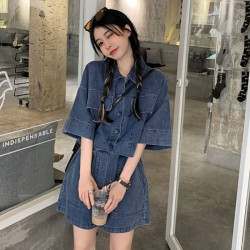 網紅炸街兩件套裝女2025年新款春季牛仔短袖襯衫上衣寬松濶腿短褲