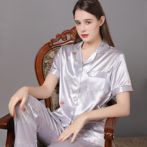 2022新款春夏女士睡衣女秋季冰絲綢家居服短袖長褲大碼套裝