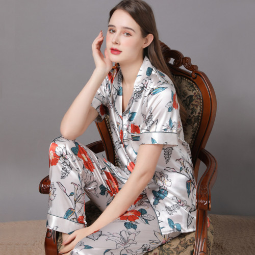 2022新款春夏女士睡衣女秋季冰絲綢家居服短袖長褲大碼套裝