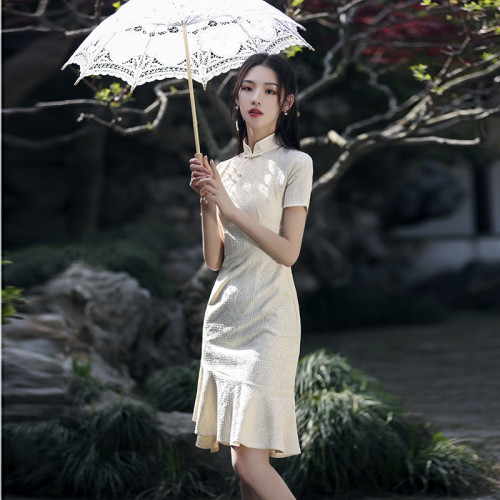 改良旗袍女2022年新款年輕款少女高級氣質小個子高級感日常魚尾裙