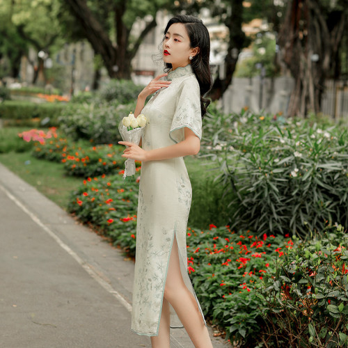 8946旗袍改良式氣質少女長款綠色素雅復古國風春夏旗袍連衣裙