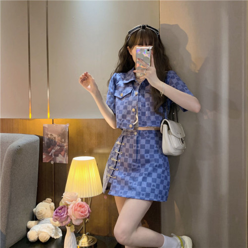 小香風套裝女夏裝2025新款甜辣設計感愛心格子短款短袖外套兩件套