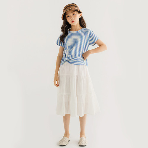 2025夏女童短袖條紋紐結上衣套裝韓板寶寶白色蛋糕半身裙網紅裙