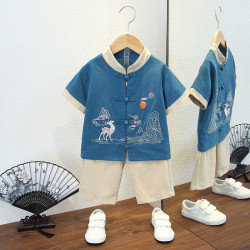 男童漢服夏季薄款風唐裝兒童古裝少爺抓周周嵗禮服男寶寶夏裝